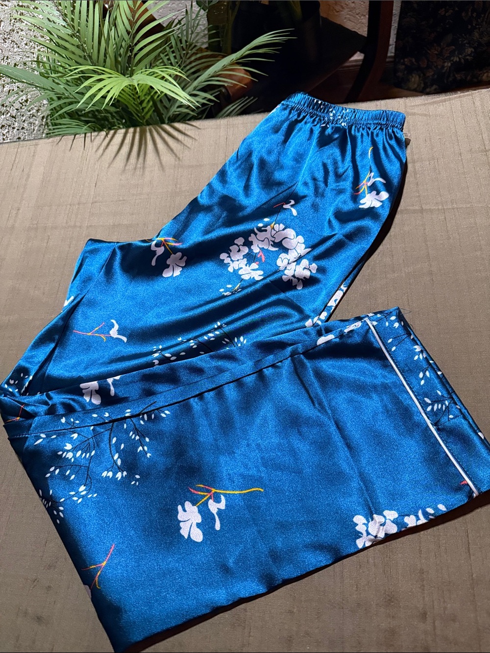 Blue Floral Satin Pajama Pants M Cherry Blossom Lounge Sleepwear - Picture 3 of 5